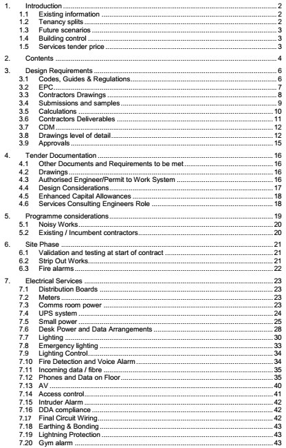 MEP Pro employer's requirements contents page — numbered, concise and clearly structured