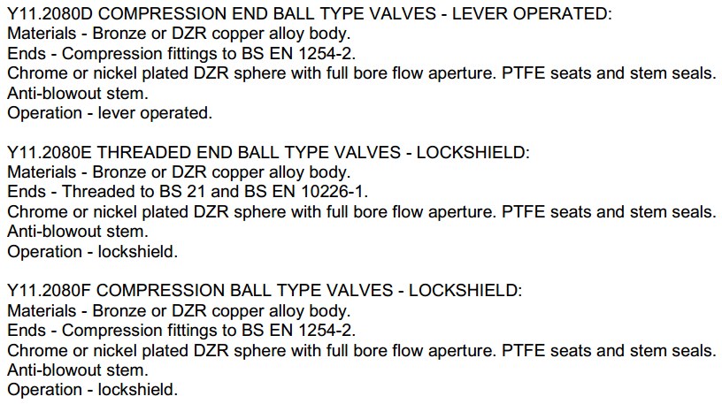 Typical specification page listing valve types not used on the project